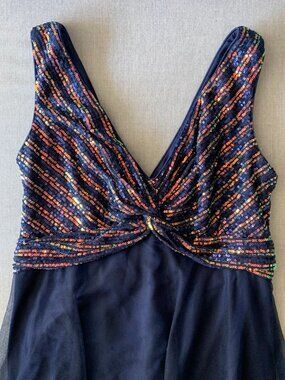 Navy Beaded V-Neck Prom Dress